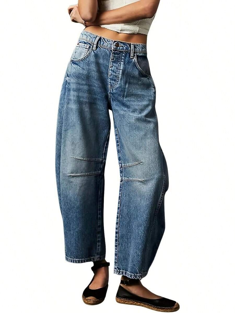 Women's Jeans Section: Women's Horseshoe-Shaped Barrel Jeans, Mid-Waist Wide-Leg Jeans, Loose Fit, Slim Tapered Leg Casual Jeans. - 藍色 - 查看 1