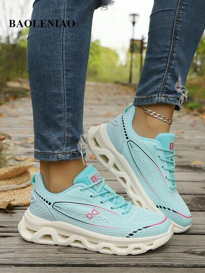 Damen Lässig Sportschuhe, blaues Buchstaben- und geometrisches Muster, Sportsstrick mit Schnürung, leichte elastische komfortable Laufsohle, Tennisschuhe für Urlaub, Outdoor, alle Jahreszeiten