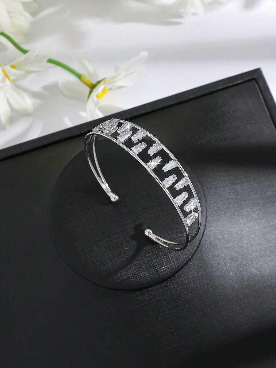 1 chiếc vòng tay sang trọng kiểu Âu và Mỹ đính đá Zirconia, vòng tay thời trang đa năng. - Bạc - Xem 1