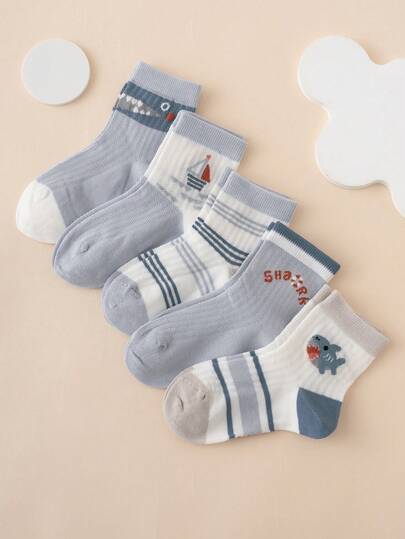 5 Pairs Interesting Personalized Cute Cartoon Multicolor Jacquard Shark, Sailboat, Stripe, Letter Pattern Children's Mid-Calf Mesh Socks, All Season, European & American Size, Comfortable Breathable Durable, Rich Colors, Suitable For Daily Wear, Premium Fabric, Non-Stuffy
