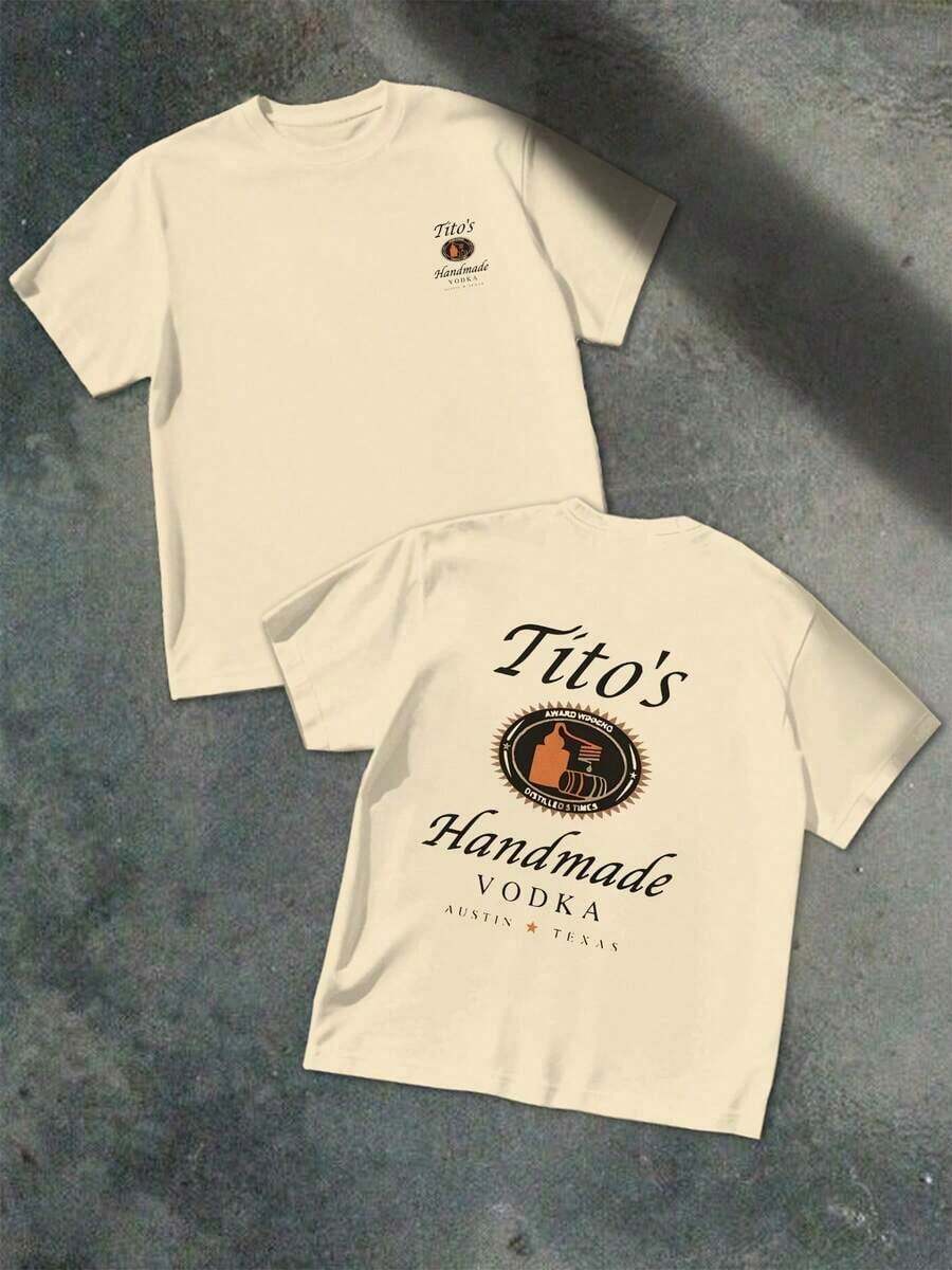 Tito's Handmade Vodka Austin Texas Graphic Tee Double Printed 100% Cotton Casual T Shirt. 100% Cotton. Ideal For Informal Gatherings: Stylish, Versatile And Perfect For Everyday Wear. - 杏色 - 查看 1