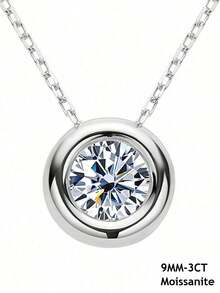 XUJIA 1PC 1CT/2CT/3CT Moissanite Necklace 925 Sterling Silver Moissanite Necklace For Women, 6.5mm/8mm/9mm Round Bezel Set Pendant, Adjustable 18"+2" Chain - PMO-078 - View 12