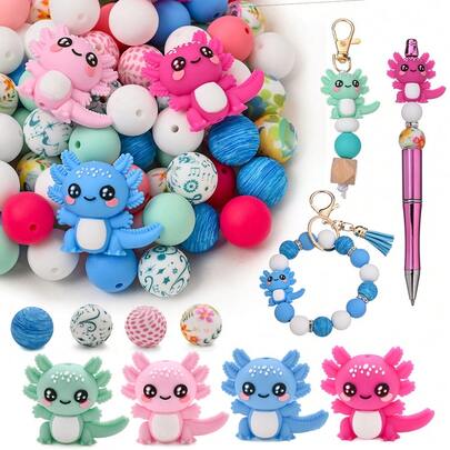 38颗彩色硅胶动物珠套装，包括蝾螈形状的珠子和圆形水钻隔珠，适用于家居装饰、DIY珠宝制作、手链、项链、钢笔、手机挂饰、包包配件、工艺品等。