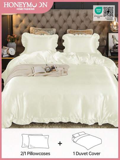 2pcs (1 Duvet Cover + 1 Pillowcase) Or 3pcs (1 Duvet Cover + 2 Pillowcases) Honeymoon Satin Duvet Cover Set, Made Of Lustrous Satin Fabric, Smooth And Silky Texture, Machine Washable, Fits T/F/Q/K Size Home And Dorm, Oeko-Tex Certified, Suitable As A Gift For Mom, Light White