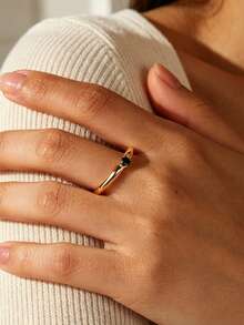 Charm-In Hypoallergenic 18K Gold Plated Copper Ring With Black CZ, Delicate Solitaire Stone Band Ring For Women, Tarnish-Resistant Fine Jewelry For Daily Wear, Engagement Gift - Gold - View 2