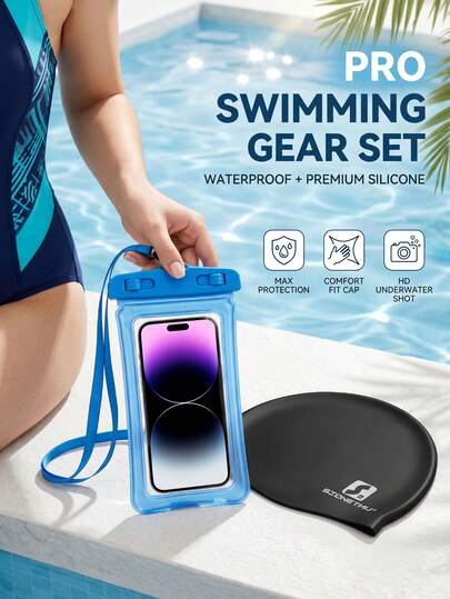 2pcs Outdoor Swimming Set - Premium Silicone Swim Cap And Inflatable Waterproof Phone Bag, Comfortable Fit And Full Protection, Suitable For Swimming, Beach, Snorkeling And Other Outdoor Water Sports