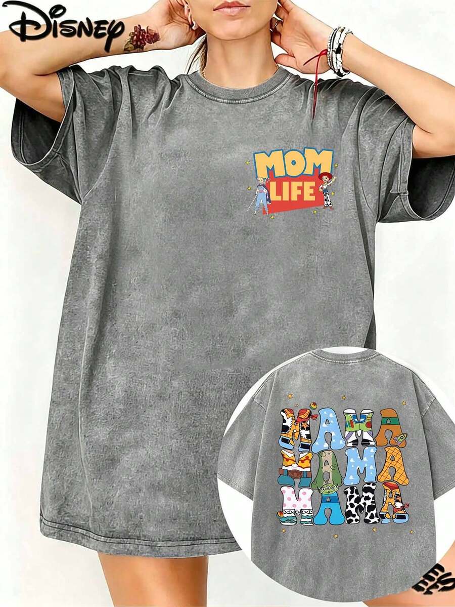 Disney Official License, Toy Story, Mom's Life, Characters And Letters, Double-Sided Printing, 100% Cotton, Round Neck T-Shirt, Family Travel Style, Casual Wear, Spring And Summer Tops, Movies Merch, Large Size Washed Vintage T-Shirts, Mother's Day Gifts, Holiday Gifts. - 灰色 - 查看 1