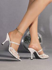 Jin Bei Qi Women's Pointed Toe Lace Rhinestone High Heel Shoes, Comfortable Slip-On Dress Pumps For Nightclub, Outdoor Events, Elegant Luxury Romantic Date, Commute, Party, White - White - View 4