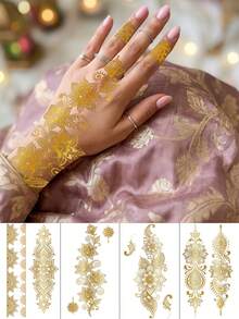 4 Sheets Glitter Hand Temporary Tattoos Gold Henna Tattoos Metallic Hand Tattoo Mandala Stickers For Body Makeup Performance Summer Travel Beach Rave Accessories Wedding Party - Gold - View 9