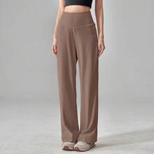 Calça de ioga feminina de cintura alta e pernas largas, modelo 2026, calça esportiva folgada, calça para pilates, calça esportiva casual feminina, calça comprida feminina. - Castanho claro - Ver 1