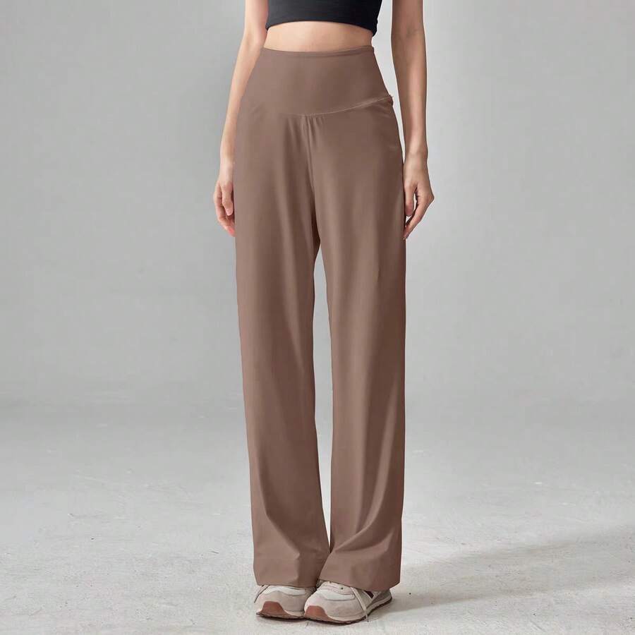 Calça de ioga feminina de cintura alta e pernas largas, modelo 2026, calça esportiva folgada, calça para pilates, calça esportiva casual feminina, calça comprida feminina. - Castanho claro - Ver 1