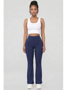 Women's Solid Color Rib Knit High Waisted Flare Pants For All Season Casual Basic Pants - Navy - View 1