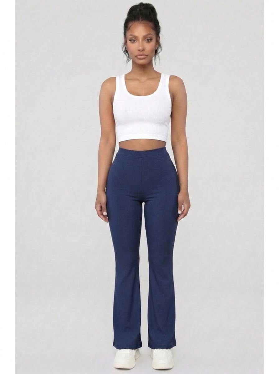 Women's Solid Color Rib Knit High Waisted Flare Pants For All Season Casual Basic Pants - Navy - View 1