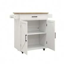 Kitchen Trolley With Wheels, Adjustable Shelves, Towel Rack And Spice Rack, Rubberwood Tabletop - White - White - View 10