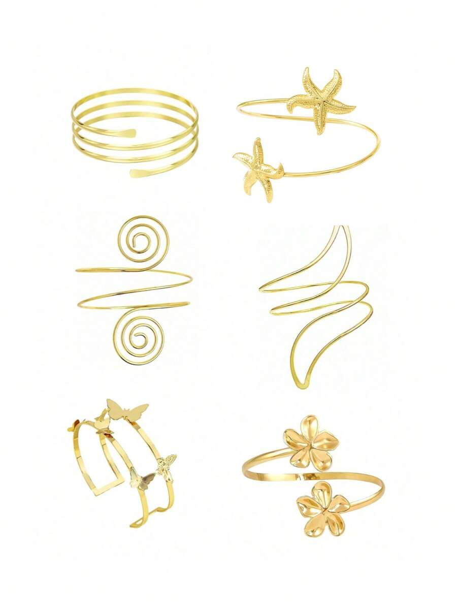 Conjunto de 6 pulseiras geométricas de metal estilo punk vazadas, multicamadas e com design exagerado para mulheres. - A0008T-4 - Ver 1
