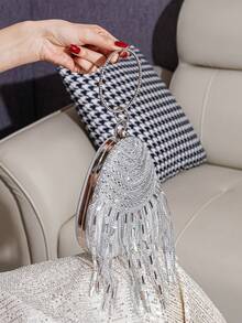 Nueva bolsa de mano con forma de huevo brillante y borlas, bolso de pasarela, bolso de hombro y bandolera perfecto para galas, fiestas y eventos - Plateado - Ver 8