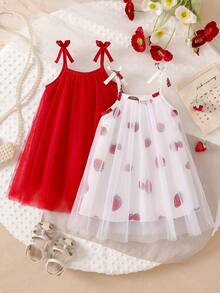Bộ 2 món cho bé gái: váy xòe in hình dâu tây bằng vải chiffon và váy dây buộc nơ màu đỏ bằng vải lưới, trang phục mùa hè dễ thương cho trẻ em. - Nhiều màu - Xem 2