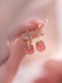 1 Pair Of Fashion, Niche Design, Pink Resin Bead Earrings With Diamond Inlay, Butterfly & Cat-Eye Stone Imitation, Versatile, Ladies Elegant Ear Adornment - 粉色 - 查看 2