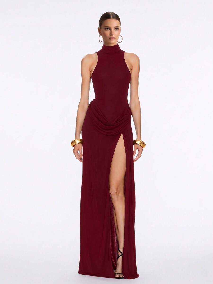 Solid Color Elegant Ruffled Hem Zipper Maxi Dress, Beach Wear - Burgundy - View 1