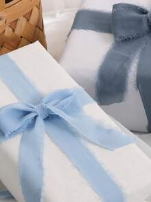 3包/蓝色流苏雪纺丝带；浅蓝色毛边丝带，适用于DIY手工、礼品包装、毕业季、婚礼请柬和新娘捧花。 - 淺藍色 - 查看 4