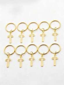 10pcs/Set Hollow Cross Pendant Keychain, 20mm Round Metal Wire Keyring, Keychain Without Chain, Car Accessories, Gothic Cute Y2K Style - Gold - View 4
