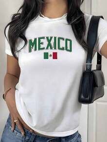 Estampado con la palabra Mexico en letras verdes y bandera nacional que simboliza orgullo y identidad 100% algodón camiseta para mujer casual cómoda - Blanco - Ver 12