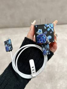 4件套海龟图案黑色手机充电器保护套，线缆整理配件套装 - 20W/18W充电器适配器，适配器头保护套，兼容 11/12/13/14/15/16/13 Pro Max/16 Pro Max/17 Pro Max - 彩色 - 查看 2
