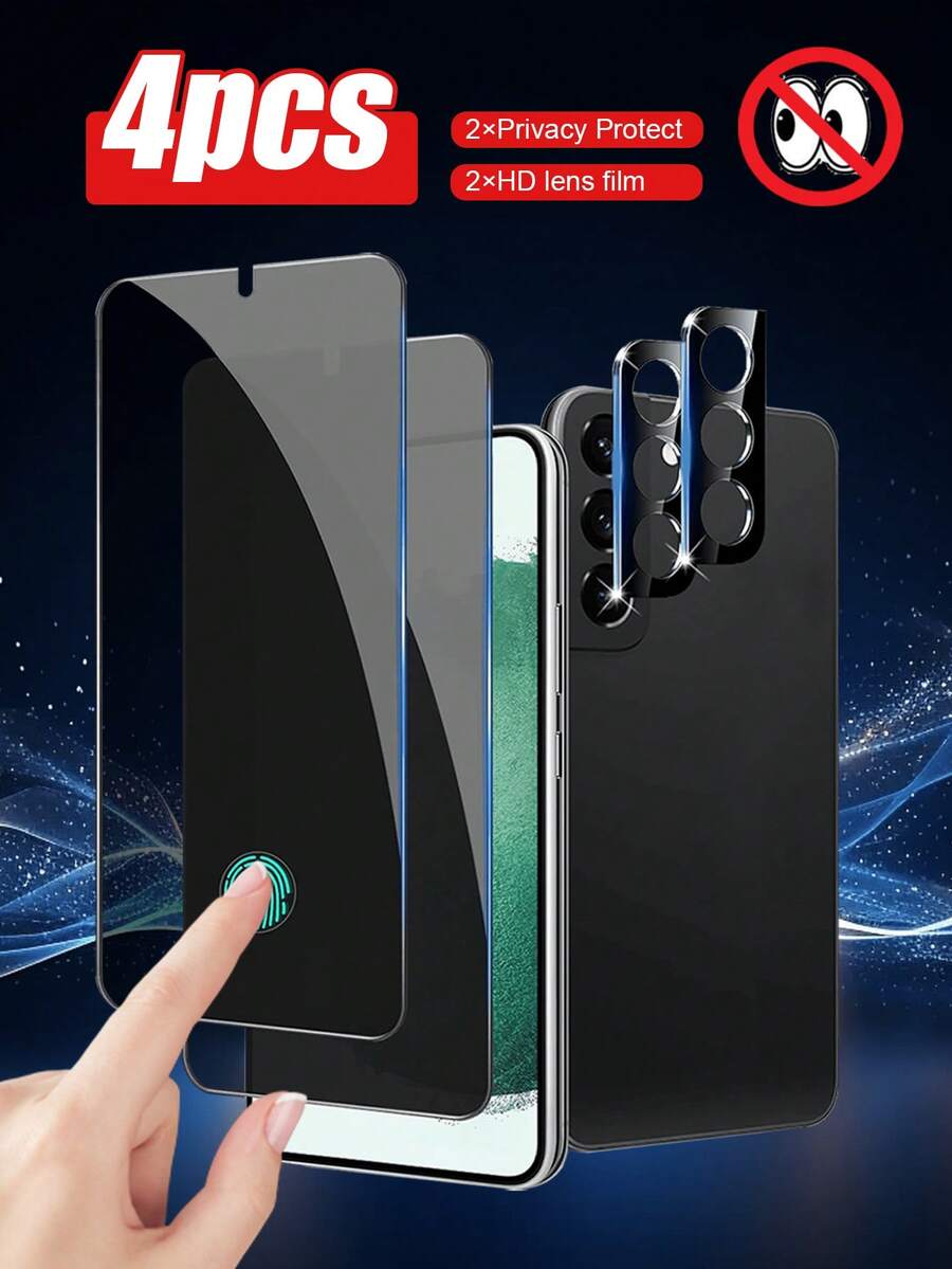 4-In-1 Screen Privacy Glass Protector 2pcs + Lens Protector 2pcs, Anti-Scratch, Anti-Shatter Edge, Compatible With Samsung Galaxy A16/A36/A56/A06/A14/A15/A34/A35/A54/S23 FE/S23 FE/S24 FE/A17 And S25 Ultra/S25/S25 Edge/S26 Ultra/S26 Plus/S26/S24 Ultra/S24 Plus/S24, Fingerprint Unlockable