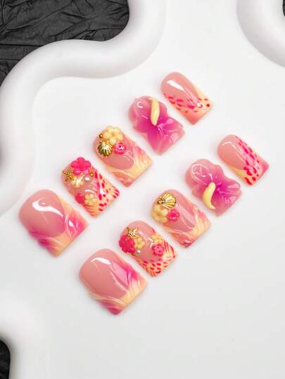 10pcs Square Shaped Handmade Nail Tips, Y2K Baddie Style, Nude, Pink, Yellow Nail Plates With French Edge, Metal Beads, Small Flowers, Water Drops, Carved Patterns, Seashells, Starfish, Polka Dots Design, Handcrafted Wearable Nails, Suitable For Women And Girls, Shiny Nail Plates, 3 Size Options, Fit For Party, Wedding, Daily Wear, Includes Tool Kit, Great Gift For Ladies And Girls