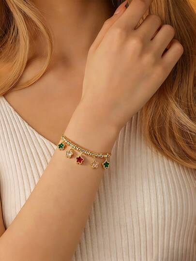 GEREIT 1 chiếc vòng tay mặt dây chuyền hình ngôi sao bằng thép không gỉ mạ vàng 18K, đính đá Zirconia nhiều màu sắc, thích hợp cho nữ giới đeo hàng ngày.
