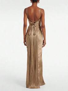 Women's Metallic Pleated Bustier Maxi Dress Spaghetti Strap Ruched Slit Evening Party Gown - Gold - View 5
