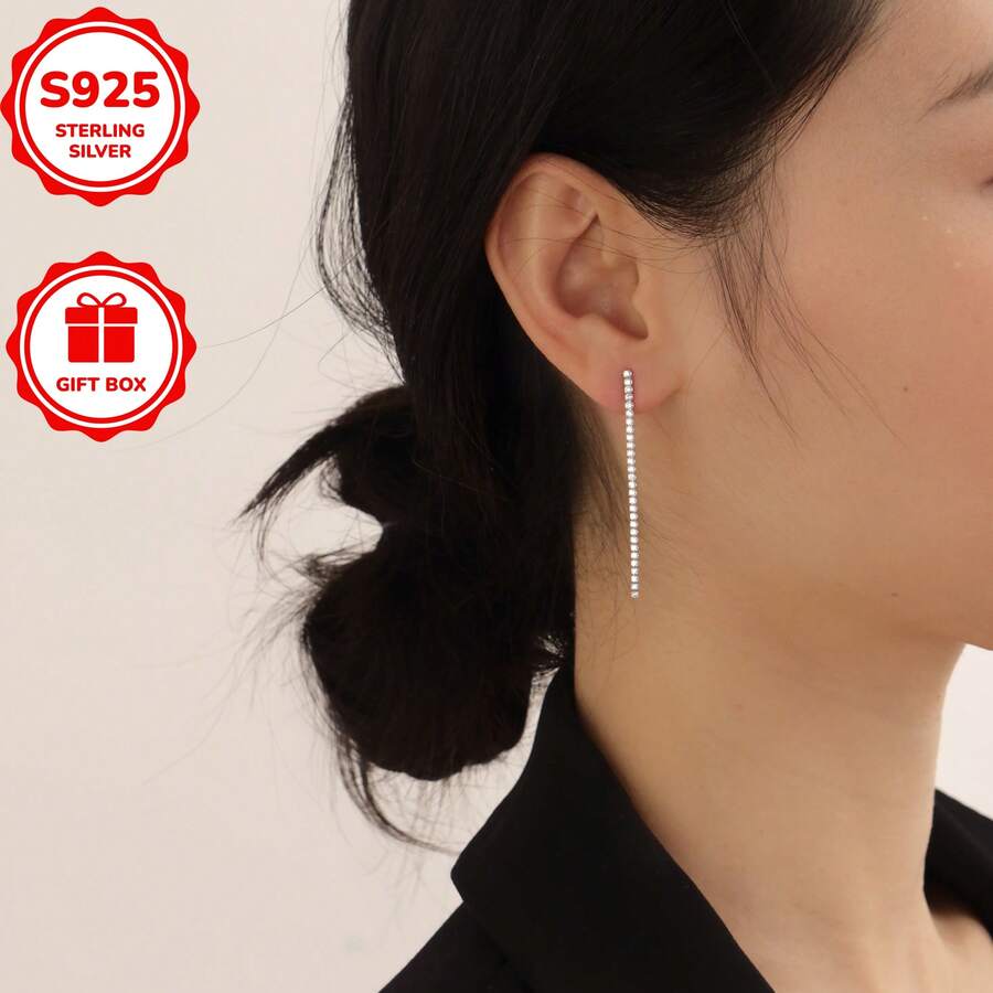1对925纯银网球链吊坠耳环，优雅长链耳环，适合派对、婚礼、通勤和日常佩戴，低过敏性 - 銀色 - 查看 1