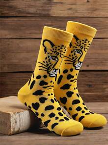GNIM HL 1双男士黄色豹纹纯棉船袜，新奇动物图案街头滑板袜 - 黃色 - 查看 8