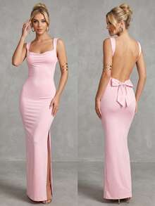 Nightclub Backless Bow Dress | Sleeveless Bodycon Mermaid Party Dress - Rave Outfits, Festival Fashion & Cocktail Clubbing Dress - Pink - View 8