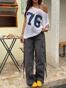 女士夏季透视露肩数字印花性感休闲宽松套头针织上衣，透气百搭 - 白色 - 查看 6