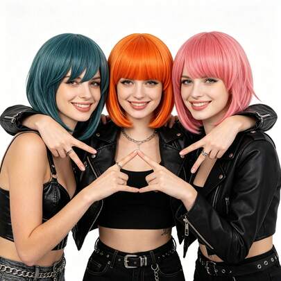 Short Bob Wigs For Women, Synthetic Straight Hair Wigs With Bangs, Natural Looking Heat Resistant Fiber Cosplay Wig, Multiple Colors (Blue/Pink/Black With Orange Highlights/Orange) Available, No Shedding No Tangling, Easy To Style, Perfect For Daily Wear, Holiday Party, Anime Costume, Fashion Show, Photography, Comic Con & Gift For Her