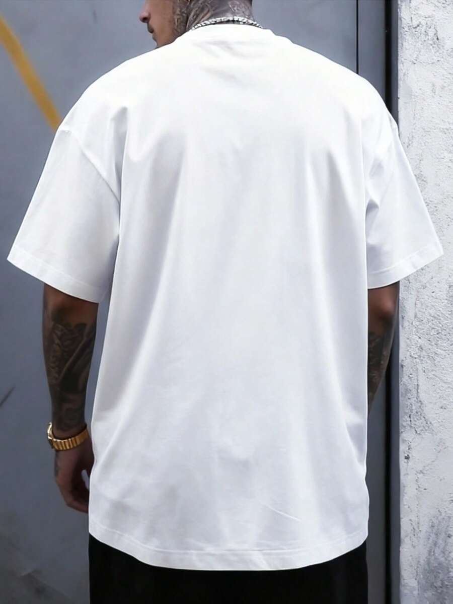 男士巴黎图案印花短袖T恤,加大码运动T恤 - 舒适休闲装,夏季户外运动T恤,白色底红色和蓝色条纹,涤纶混纺,圆领,轻盈透气,适合休闲穿搭 - 白色 - 查看 1