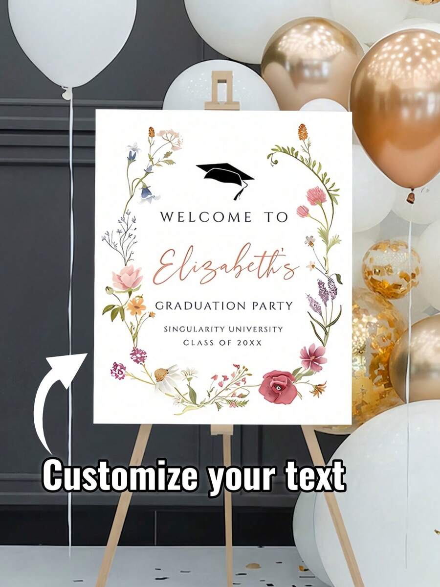 Personalized Graduation Poster, Floral Graduation Welcome Sign And Photo, Customized Name Text, Graduation Party Theme Background, Graduation Welcome Sign Template, Graduation Welcome Poster, Personalized Name Canvas Wall Art, Wild Flower Graduation Welcome Sign, Memorial Wall Decor Poster - Multicolor - View 1