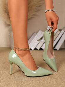 2026 Nuevos tacones altos de punta fina en color nude, tacones de aguja sexy y elegantes para fiestas y trabajo, sandalias de estilo francés de punta cerrada para mujer en verano - verde menta - Ver 2