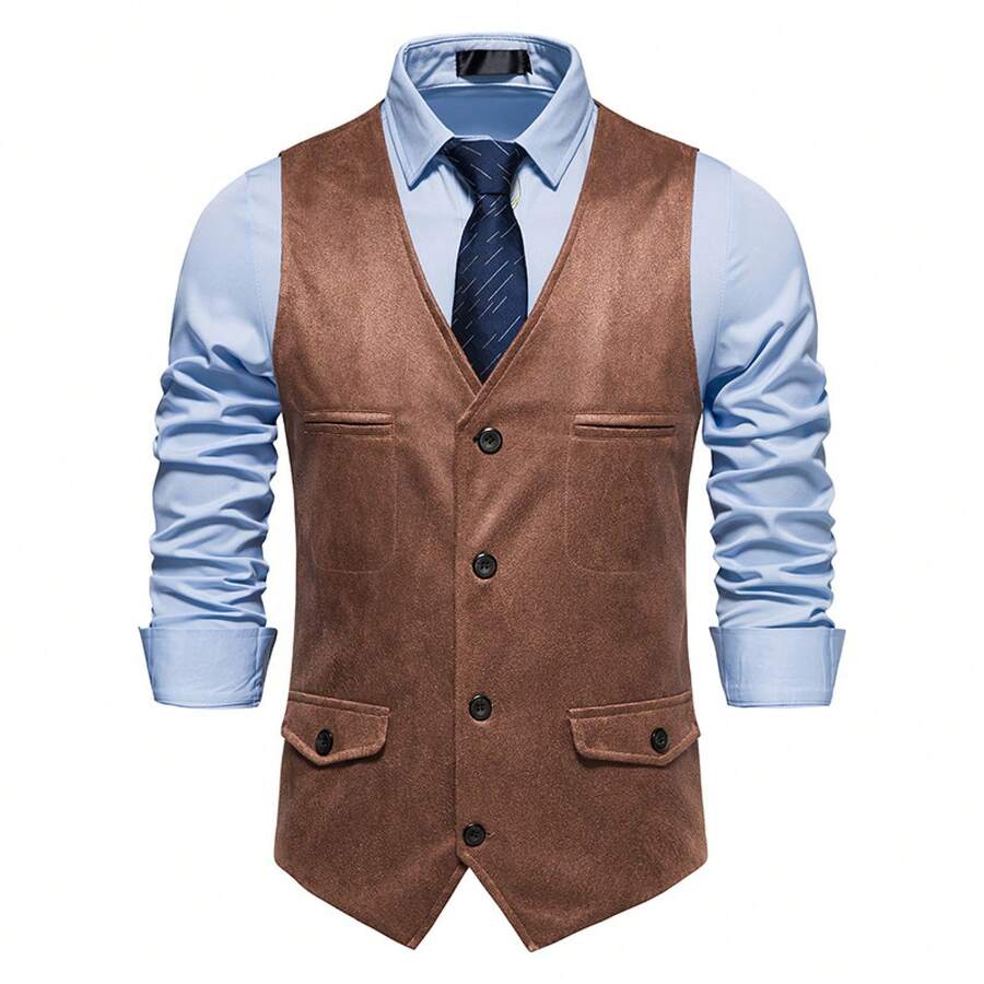 V-Neck Suede Single-Breasted Jacket, Workplace Uniform Vest - 卡其色 - 查看 1
