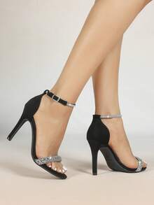 Women's Fashion High Heel Rhinestone Ballroom Party Black Thick Heel Zipper Roman Sandals - Black - View 4