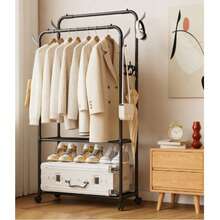 Double Coat Rack, Heavy-Duty Multi-Purpose Hanger With Wheels And Side Hooks, Easy To Assemble, Suitable For Home Use, In Offices And Bedrooms. - C - View 1