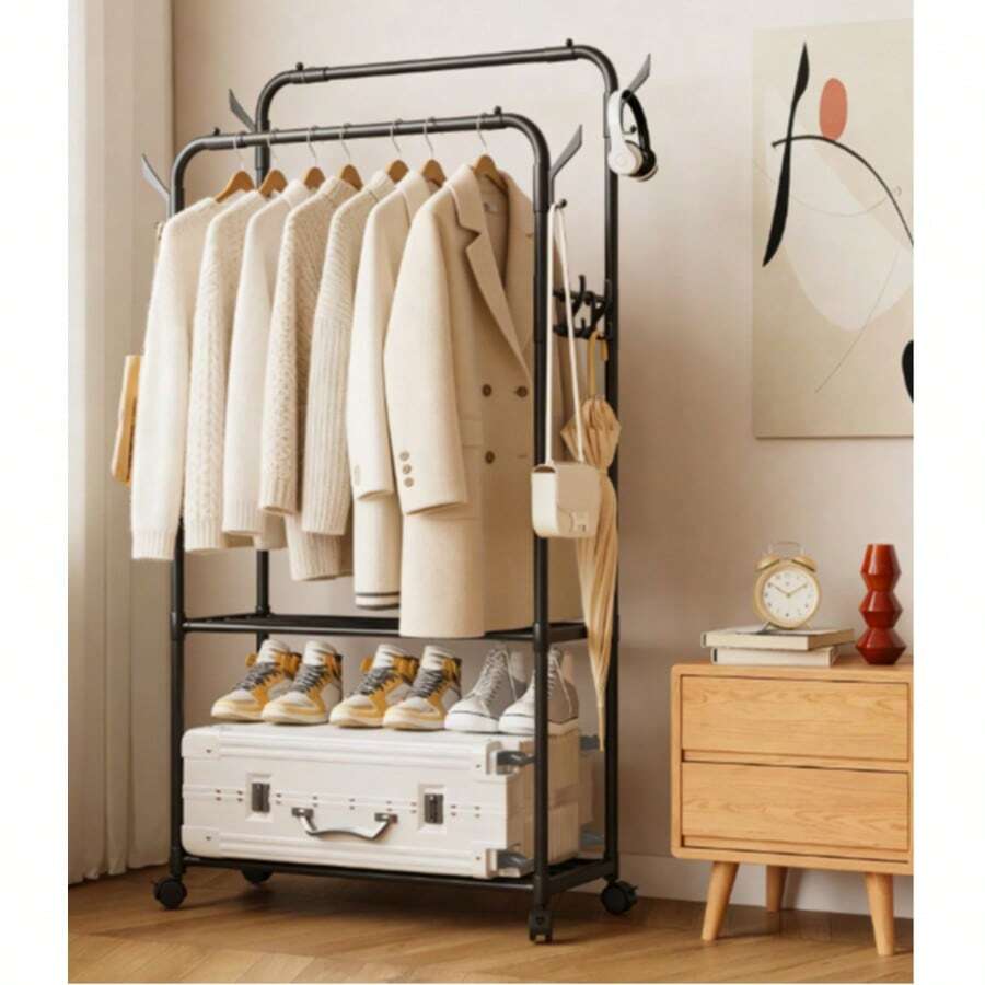 Double Coat Rack, Heavy-Duty Multi-Purpose Hanger With Wheels And Side Hooks, Easy To Assemble, Suitable For Home Use, In Offices And Bedrooms. - C - View 1