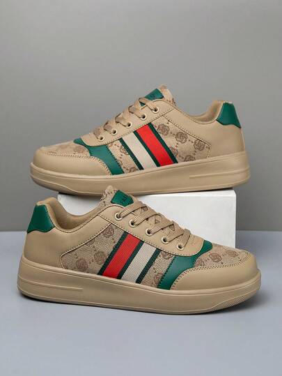 男士复古随机印花多色条纹系带运动鞋，小众户外休闲情侣运动鞋