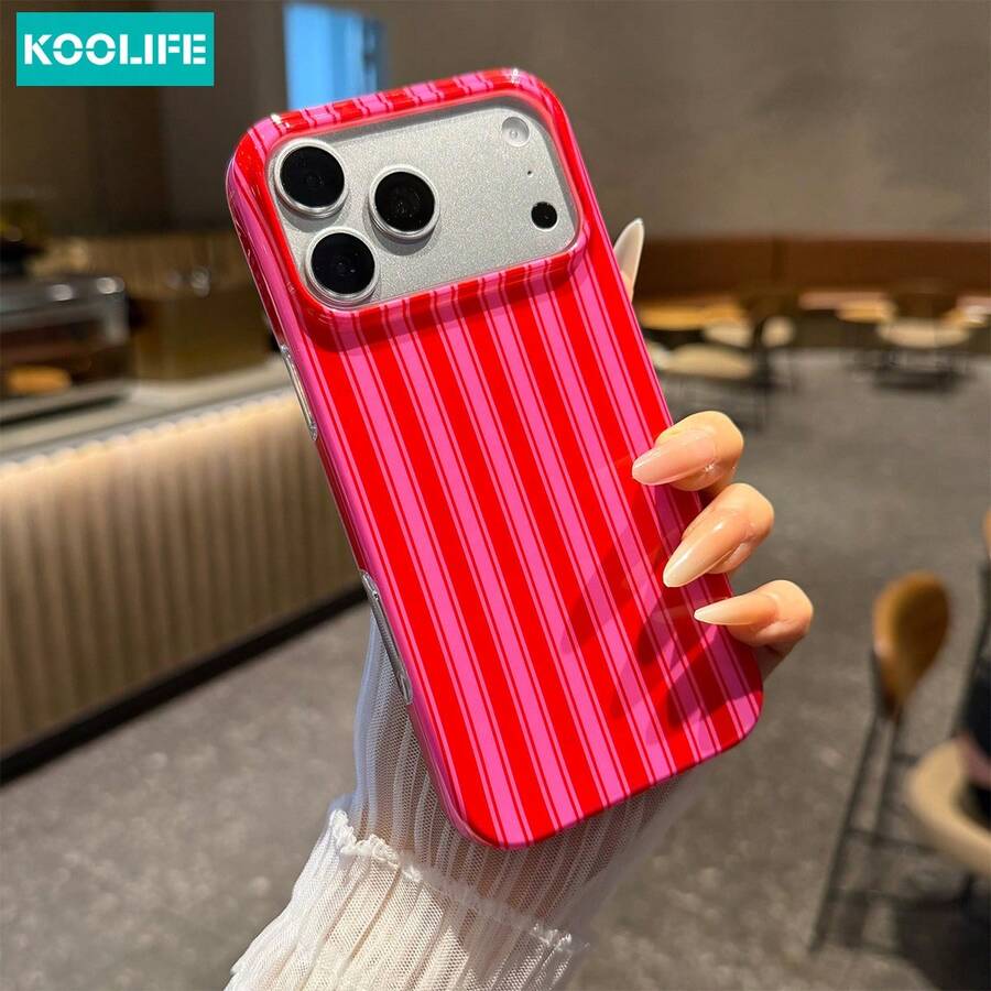 Koolife 1pc Pink & Red Striped Print Phone Case, Suitable For IPhone 17 Pro Max 17 17 Pro 16 15 14 13, Korean Fashion Design For Women, Ideal Gift For Girlfriend On Christmas, Valentine's Day, Easter, Birthday