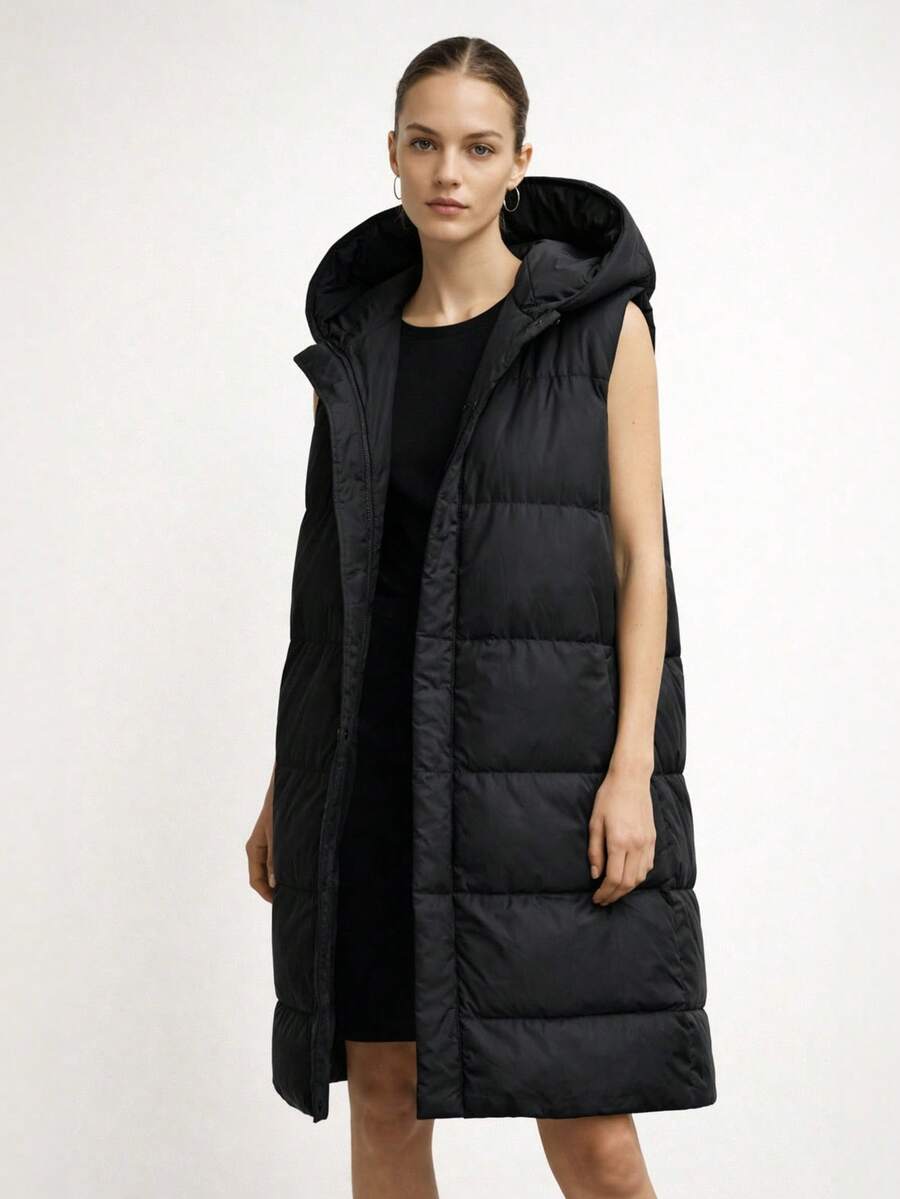 Reversible Oversize Vest With Hood, Hooded Vest, Fixed Hood, Flared At The Bottom, Zipper Closure, 2 Zipper Pockets, Knee-Length, Casual, Spring/Autumn - Black - View 1