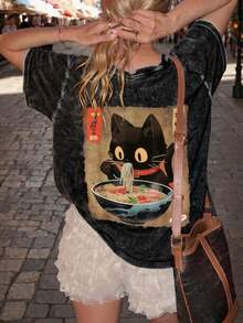 Áo thun nữ cổ tròn tay ngắn, họa tiết mèo hoạt hình mới mùa hè, kiểu dáng rộng rãi, đa năng, thời trang mặc hàng ngày. - màu đen - Xem 8