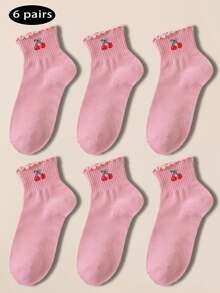 3/6 Pairs Cherry Patterned Women Short Socks, Women Spring/Summer Ankle Socks, Frill Trim White Women Short Socks, Floral Lace College Style Student Socks - Multicolor - View 16