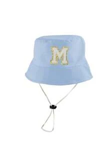 1 pieza Sombrero de sol ajustable rosa para niños con parche de chenilla con letra linda, sombrero de cubo transpirable para juegos al aire libre, viajes, guardería y uso diario para niños de 0 a 4 años - azul cielo - Ver 9