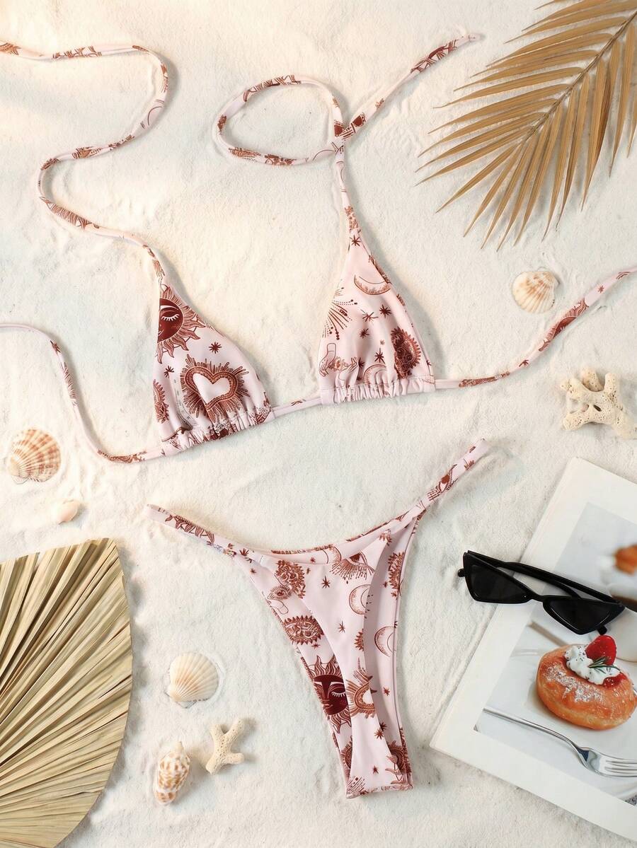 New Arrival Spring/Summer Casual Elegant Sexy Retro Sun Face Print Bikini Set, Suitable For Beach, Vacation, Date, Party - Multicolor - View 1